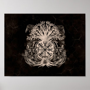 Vegvisir-Yggdrasil met Ravens en Wolven Poster