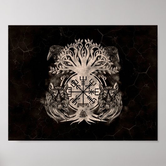 Vegvisir-Yggdrasil met Ravens en Wolven Poster (Voorkant)