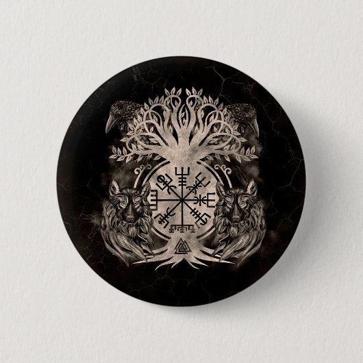 Vegvisir-Yggdrasil met Ravens en Wolven Ronde Button 5,7 Cm (Voorkant)