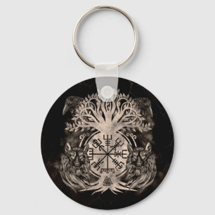 Vegvisir-Yggdrasil met Ravens en Wolven Sleutelhanger