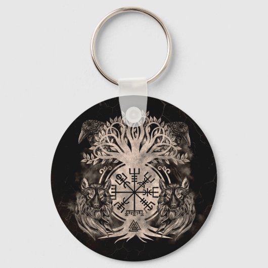 Vegvisir-Yggdrasil met Ravens en Wolven Sleutelhanger (Voorkant)