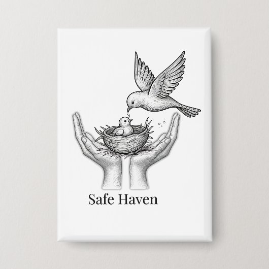Veilige Haven - Vogel in Mensenhanden Natuur Kunst Button (Voorkant)
