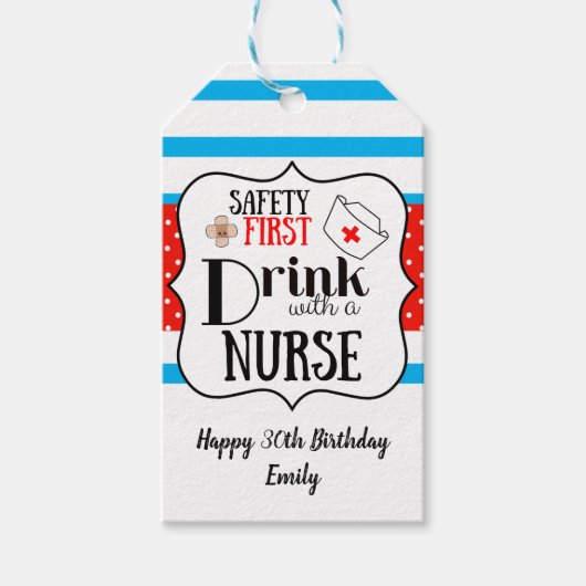 Veiligheid eerste drink met een verpleegster grapp cadeaulabel (Voorkant)