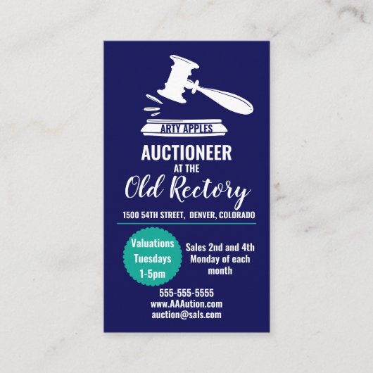 Veilingmeester huis verkoop gavel waardering dag visitekaartje (Voorkant)