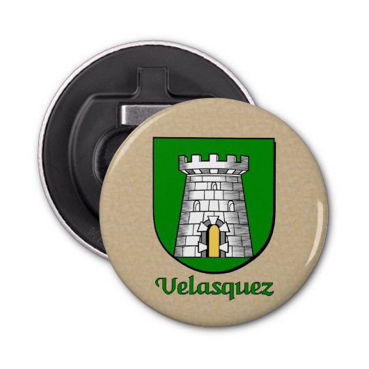 Velasquez Heraldic Arms op perkament stijl terug Button Flesopener (Voorkant)