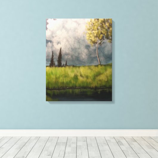 Veld en vijver Landschap Acryl Schilderen Print (Insitu (Houten vloer))