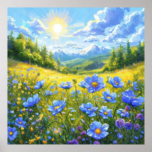 Veld met blauwe bloemen poster