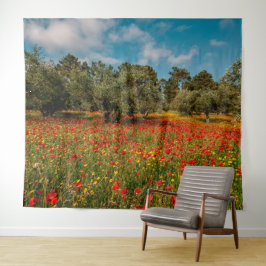 Veld met bloemen en bomen wandkleed