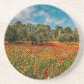 Veld met bloemen en bomen zandsteen onderzetter (Voorkant)