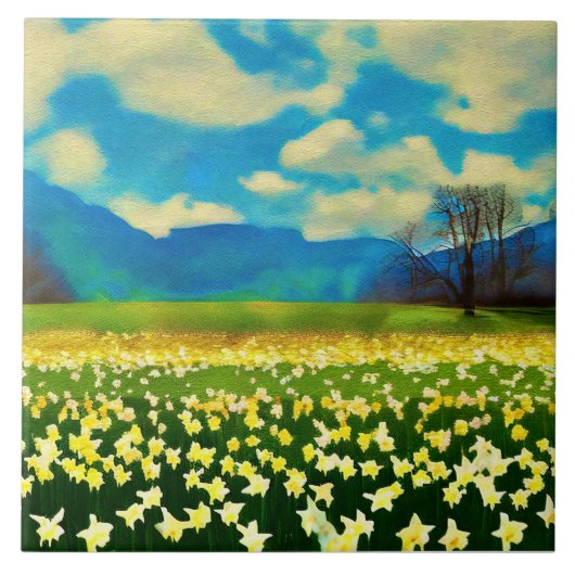 Veld met narcissen - schilderij tegeltje (Voorkant)