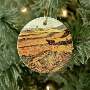 Veld met ploeger en molen door Vincent van Gogh Keramisch Ornament
