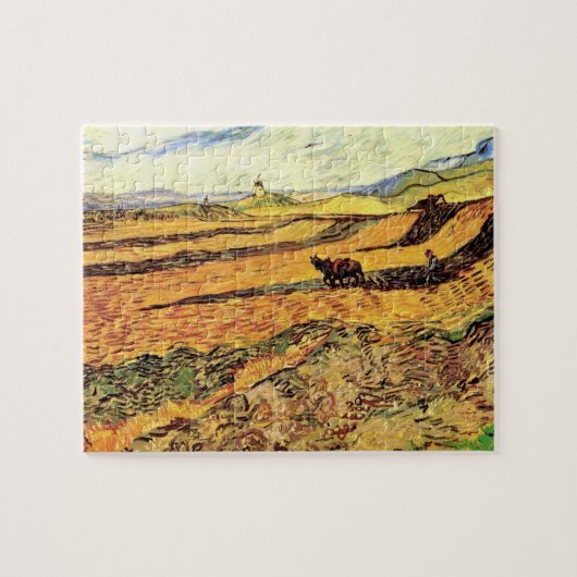 Veld met ploeger en molen door Vincent van Gogh Legpuzzel (Horizontaal)