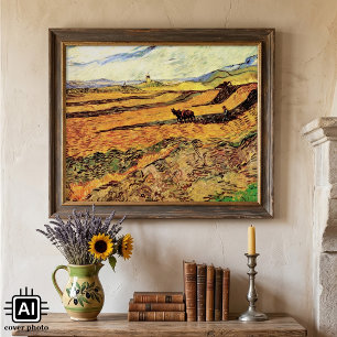 Veld met ploeger en molen door Vincent van Gogh Perfect Poster