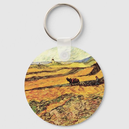 Veld met ploeger en molen door Vincent van Gogh Sleutelhanger (Voorkant)