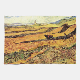 Veld met ploeger en molen door Vincent van Gogh Theedoek