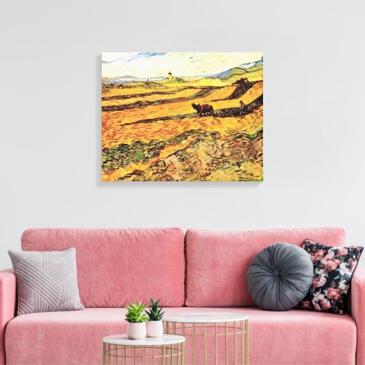Veld met Plowman en Mill van Vincent van Gogh Canvas Afdruk (Insitu (Woonkamer))