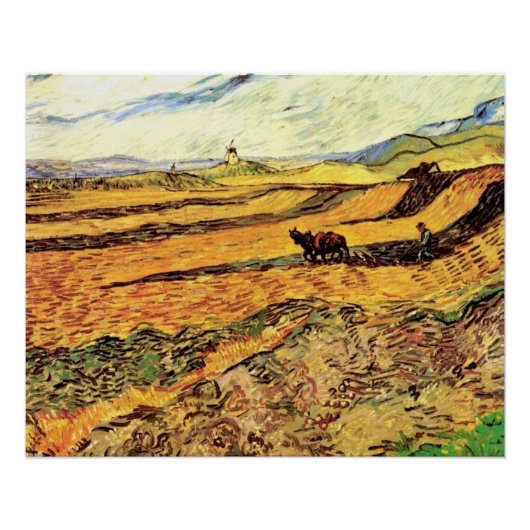 Veld met Plowman en Mill van Vincent van Gogh Perfect Poster (Voorkant)