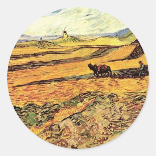 Veld met Plowman en Mill van Vincent van Gogh Ronde Sticker (Voorkant)