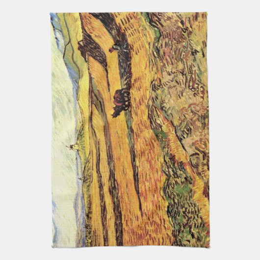 Veld met Plowman en Mill van Vincent van Gogh Theedoek (Verticaal)