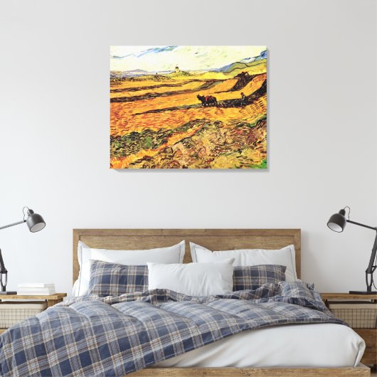 Veld met Plowman en Mill Vincent van Gogh Canvas Afdruk (Insitu (Slaapkamer))