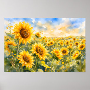 Veld met zonnebloemen – Aquarel zonnebloem Poster