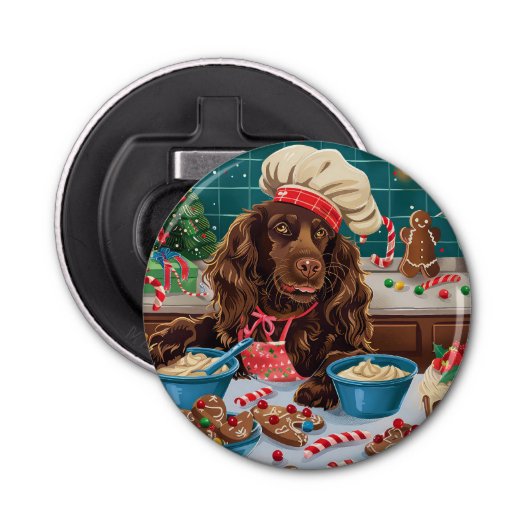 Veld Spaniel Kerstbakken: Festieve Kerstmis Button Flesopener (Voorkant)