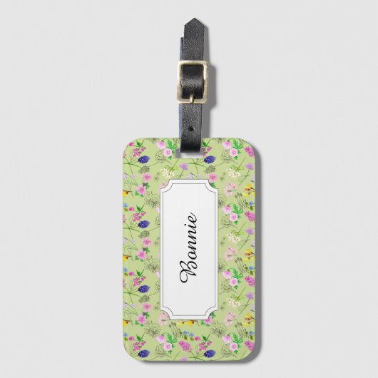 Veldbloemen in aquarel op groen bagagelabel (Voorkant (verticaal))