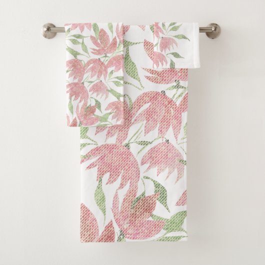 Veldbloemen kant getextureerd roze wit bad handdoek (Insitu)
