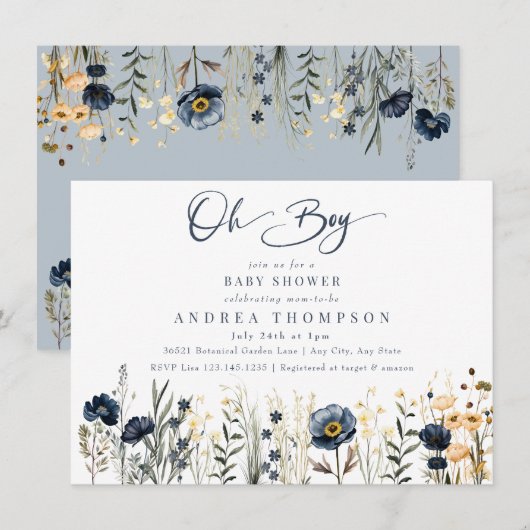 Veldbloemen | Oh jongen | Jongen Baby shower Kaart (Voorkant / Achterkant)