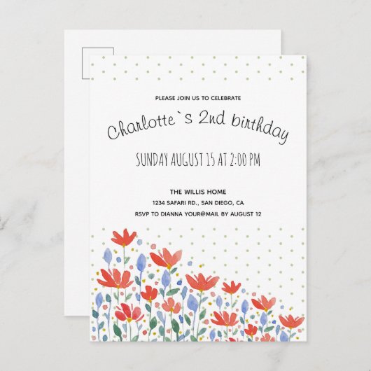 Veldbloemen Waterverf in zoet rood en blauw Aankondigingskaart (Voorkant / Achterkant)