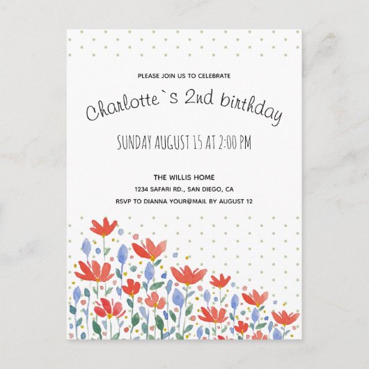 Veldbloemen Waterverf in zoet rood en blauw Aankondigingskaart (Voorkant)