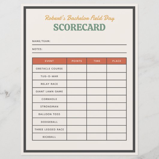 Velddag Bachelor Party Team Scorecard (Voorkant)