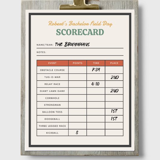 Velddag Bachelor Party Team Scorecard
