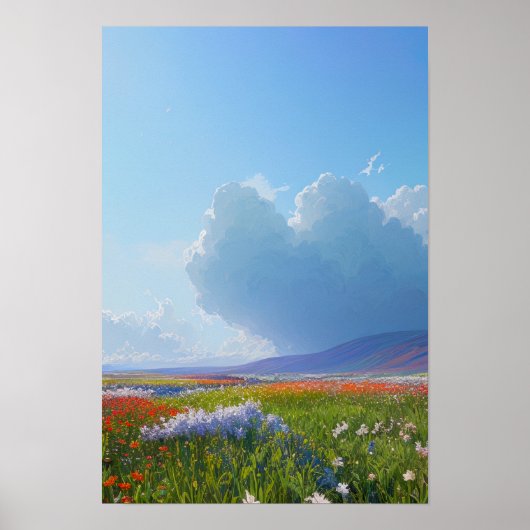 Velden van bloemen en mystieke wolken poster (Voorkant)
