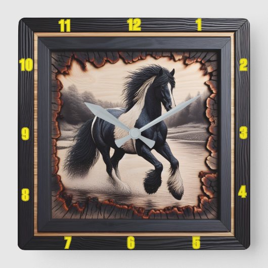 Veldgalop: verkoolde houten zigeunervanner vierkante klok (Voorkant)