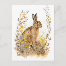 Veldhaas tussen kleurrijke bloemen en grassen briefkaart