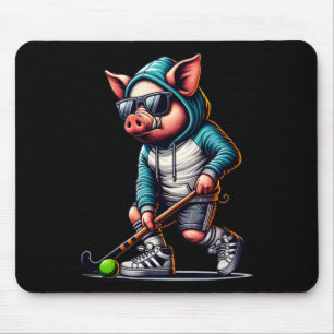 Veldhockey varken in hoodie met zonnebril stick  muismat