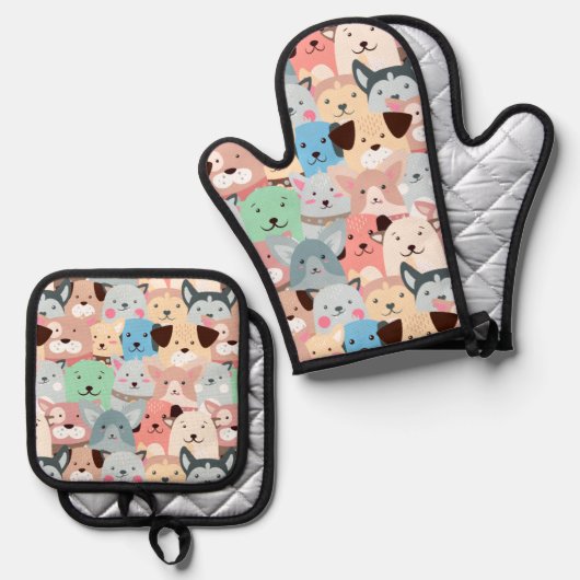 Vele kleurrijke honden ovenwant & pannenlap set (Voorkant / Achterkant)