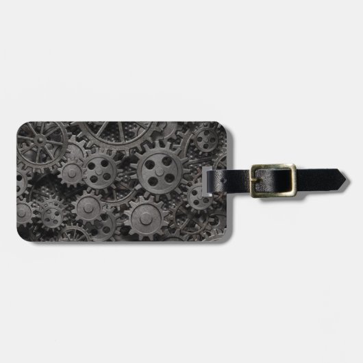 Vele oude roestmetalen tandwielen of machineonderd bagagelabel (Voorkant horizontaal)