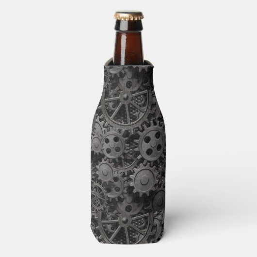 Vele oude roestmetalen tandwielen of machineonderd flesjeskoeler (Fles Voorkant)