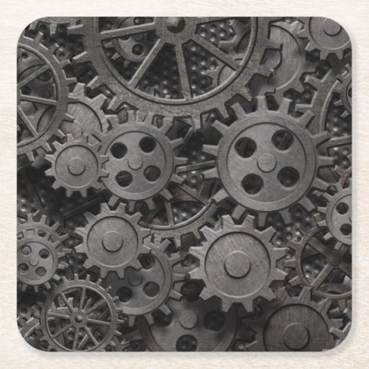 Vele oude roestmetalen tandwielen of machineonderd kartonnen onderzetters (Voorkant)