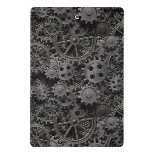 Vele oude roestmetalen tandwielen of machineonderd mini klembord (Achterkant)