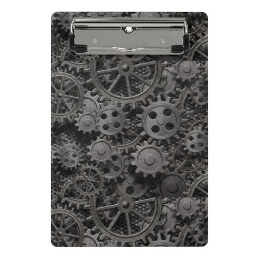 Vele oude roestmetalen tandwielen of machineonderd mini klembord (Voorkant)