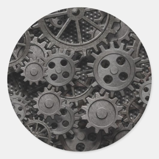 Vele oude roestmetalen tandwielen of machineonderd ronde sticker (Voorkant)