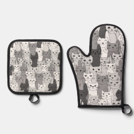 Vele zwart-witte katten ontwerp ovenwant & pannenlap set