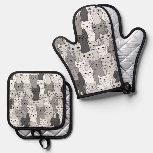 Vele zwart-witte katten ontwerp ovenwant & pannenlap set (Voorkant / Achterkant)