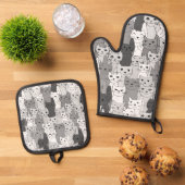 Vele zwart-witte katten ontwerp ovenwant & pannenlap set (Top down)