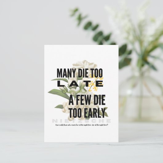 Velen sterven te laat en een paar te vroeg. NIETZS Briefkaart (Staand voorkant)
