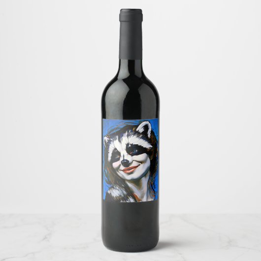 "Velka Teyani" fluisterende wasbeer Trickster Wijn Etiket (Voorkant)