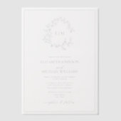 Vellum Dusty Blue Leafy Crest Monogram Huwelijk Vellum Uitnodigingen (Voorkant)